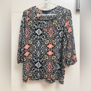 Aztec Printed Blouse w 3/4 Length Sleeve (black & white w pink and yellow)